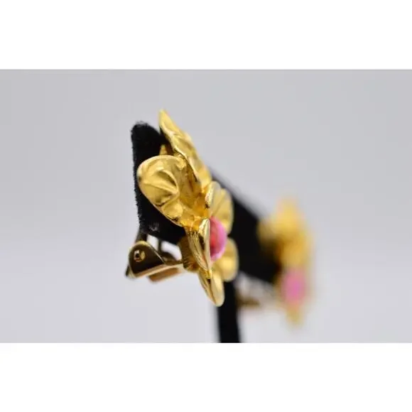 Givenchy Vintage Cabochon Flower Clip On Earrings Pink Brushed Gold Signed BinX